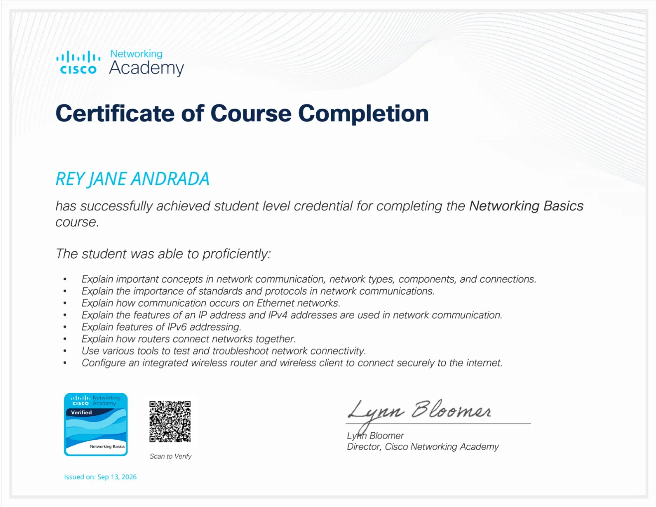 Networking Basics certificate